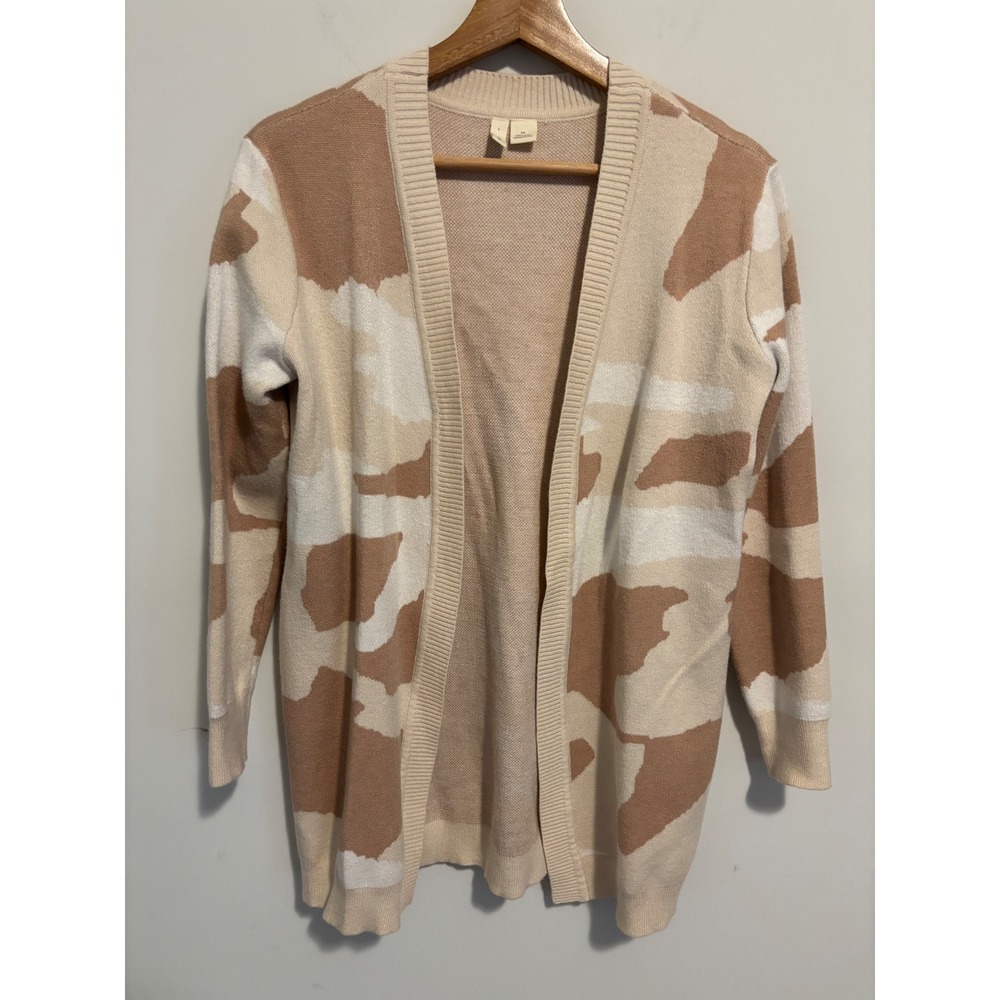 Moth Anthropologie Abstract Camo Open Front Cardigan Sweater Tan Cream XS